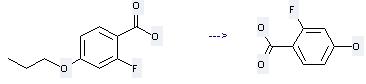 Benzoicacid, 2-fluoro-4-hydroxy- can be prepared by 2-fluoro-4-propoxybenzoic acid